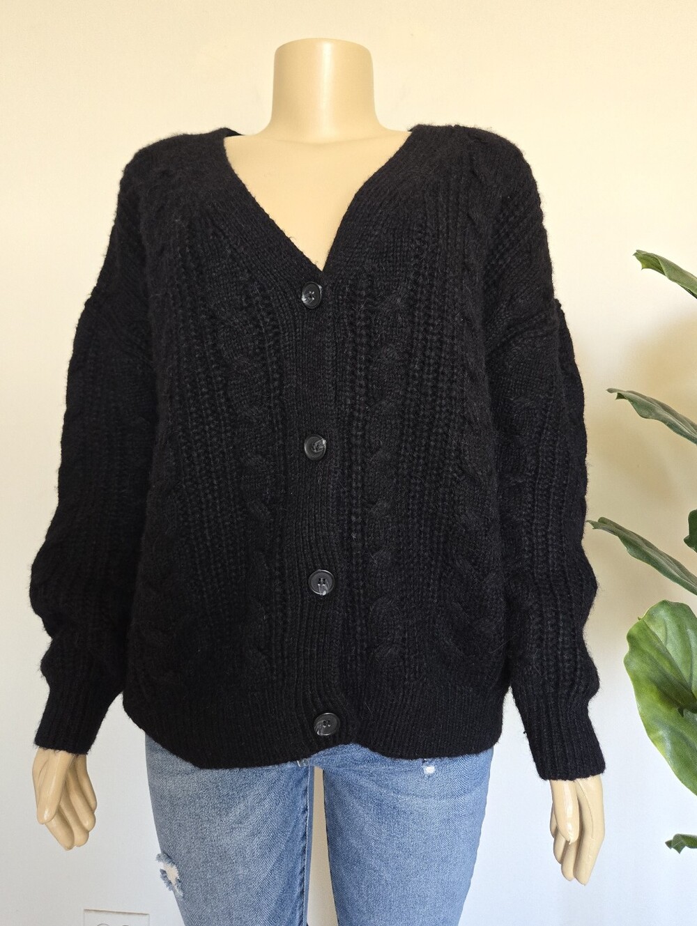 Jenni Kayne Black Wool & Alpaca Cable Cocoon Cardigan Sweater M Women's